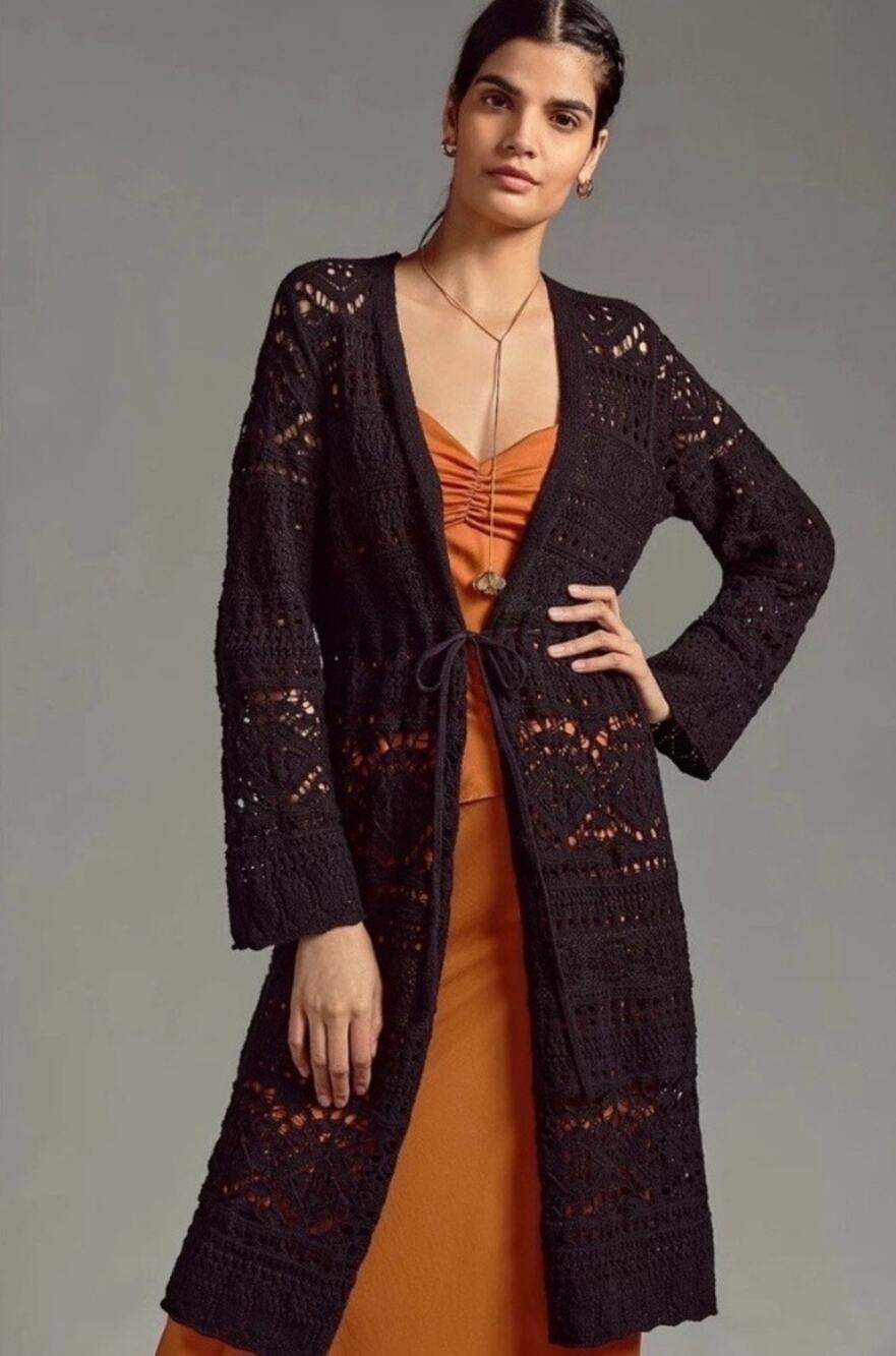 Anthropologie Crochet Open Knit Long Duster Cardigan Whimsigoth Witchy - Small